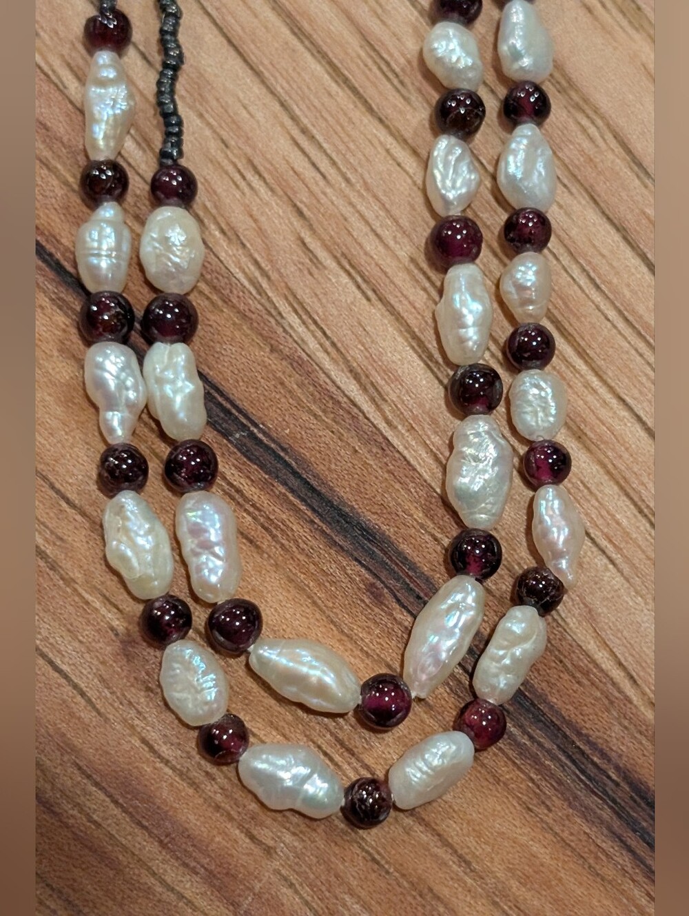Cultured Baroque Pearl Necklace with Garnet Beads